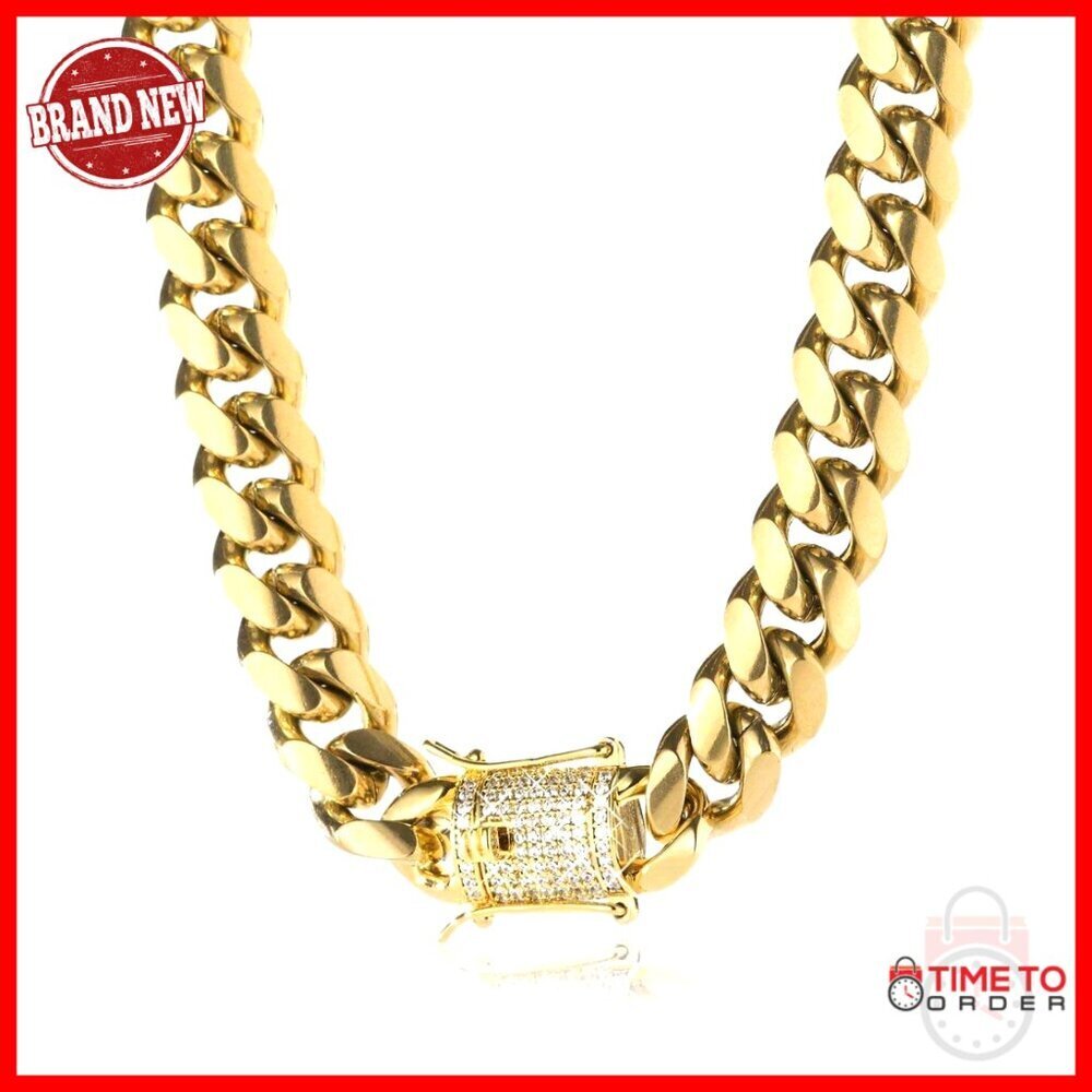 14K Gold Plated Cuban Link Chain Necklace Bracelet Stainless Steel